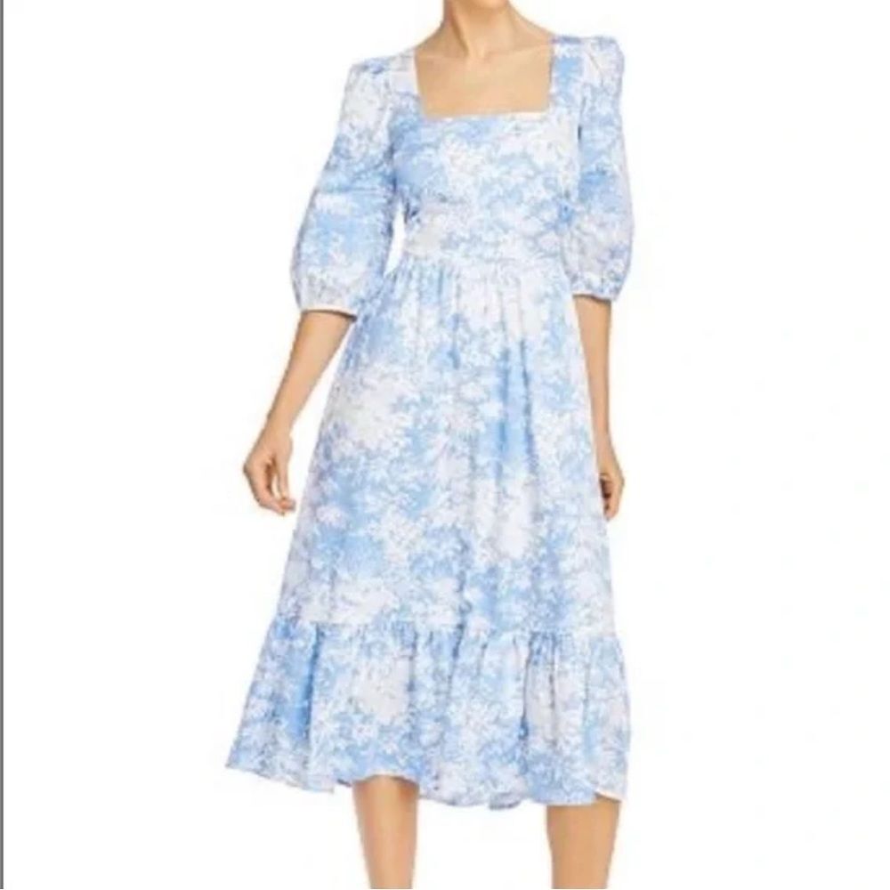 Wayf Mockingbird Cutout Midi Dress Blue White Puff Sleeves Ruffle Size 6